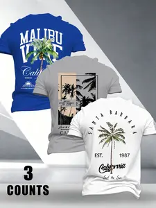 3-Pack Men's Street Style Malibu Tropical Surf Print Short Sleeve T-Shirts, Beachy Tee, Loose Fit, Multi-Color Set, Casual Summer Tops