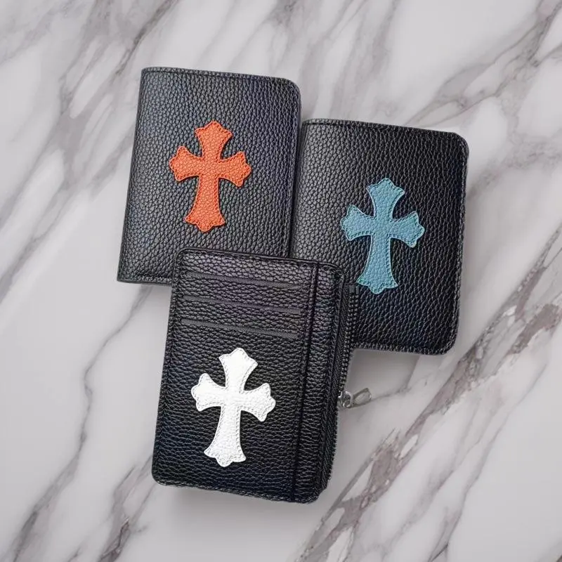 Unisex PU Leather Bifold Wallet - Color Contrast Cross Patch, Zipper Coin Compartment, Multi-Slot Compact Pouch for Cash, Cards
