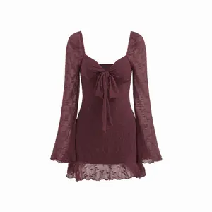 Cider Lace Floral Sweetheart Neckline Long Sleeve Bowknot Mini Dress