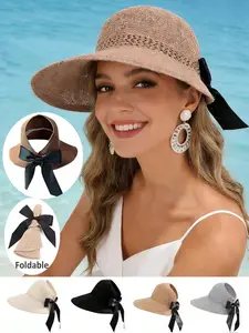 1 Piece Sun Visor Hats For Women Wide Brim Straw Roll-Up Ponytail Summer Beach Hat UV Protection UPF Packable Foldable Travel Boho Bow Accents Adjustable Stylish Hat Casual Summer Hat