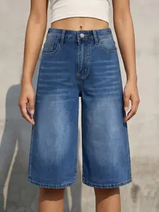 Women's Streetwear Washed Denim Jean Pocket Capri Pants, Summer Loose Wide Leg Mid Waist, Button Fly Slim Fit Casual Shorts Womenswear