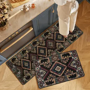 Rustic Cabin Kitchen Mat Non-slip Rubber Backing Floor Rug Non-woven Fabric Runner for Sink Entryway Bear Wildlife Aztec Southwestern Tribal Geometric Washable Indoor Area Carpet Water Absorbent Stain Resistant Low Profile Western Lodge Decor