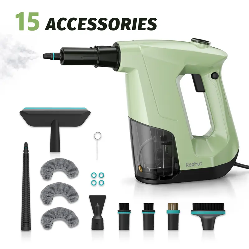 Redhut Upgraded Pressurized Corded Handheld Steam Cleaner - 2.5m Cord, 15 Accessories, 360ml Removable Clear Water Tank, 1300W 120V US Plug, Chemical-Free, Suitable for Kitchens, Bathrooms, Pet Beds