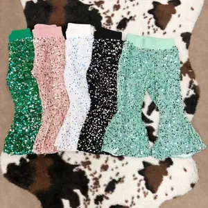 Happy Birthday Party Wear Toddler Girls Sister Sibling Solid Color Shiny Sparkle Sequin Bell Bottom Pants With Cotton back lining