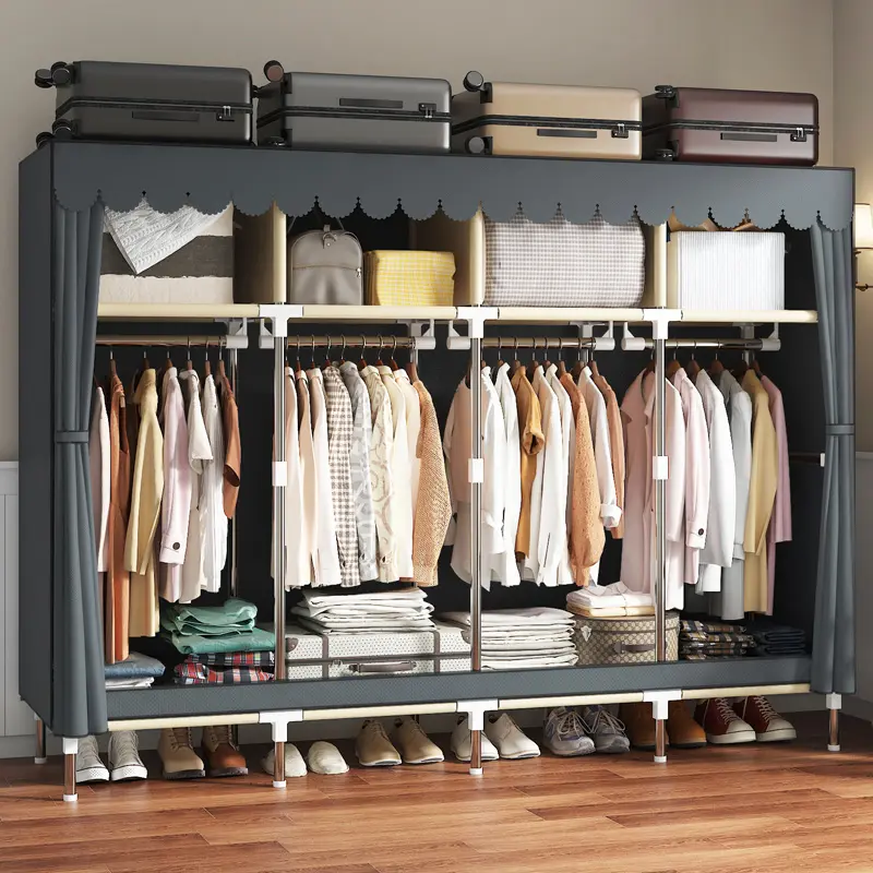 LEAIJIAFY Large Portable Wardrobe with 4 Hanging Rods & Storage Cabinet Metal Garment Rack 16.7 Inches Gray Dustproof Cover for Bedroom Multifunctional Organiser Folding Stackable Closet Clothing Locker
