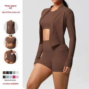 New Cloud-Feel Brushed Short-Sleeve Sports Zipper Jacket, Pocket Shorts, Butt-Lifting Fitness Yoga Outfit Three-Piece Set