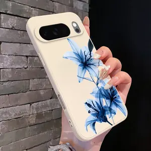 Rounded Edge TPU Phone Case for Google Pixel 10 9 XL 8 7 Pro A Blue Lily Grace Pattern Drop Protection Shockproof Soft Liquid Silicone Smartphone Cover