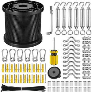 String Light Hanging Kit with 200Ft Vinyl Coated 304 Stainless Steel Cable, Suspension Guide Wire with Turnbuckles & Hooks for Patio Backyard Lighting Accessories