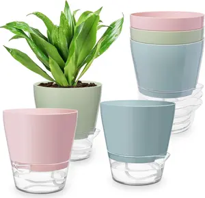 6 Pack Self Watering Flower Pots Indoor Outdoor 6" with Drainage Hole & Clear Saucer Reservoir