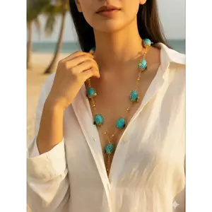 Bohemian Turquoise Gold Chain Statement Necklace, Boho-Chic Jewelry for Vacation, Parties & Perfect Gift for Her