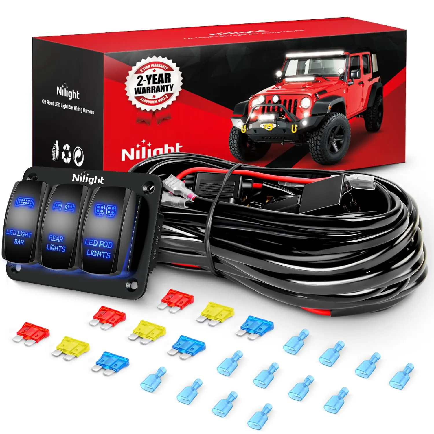 Nilight 16AWG LED Lighting Bar Wiring Harness Kit - 12V 3-Gang Laser Etched Rocker Switch Panel, 5-Pin Toggle, Power Relay, Blade Fuse, 4-Lead Installation for Cars, Trucks with Auto Switch Light Function, Automatic Switch Light