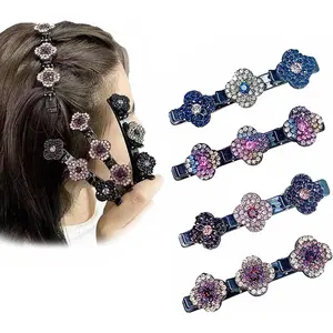 4 Pcs Sparkling Crystal Stone Braided Hair Clips, Satin Fabric Hair Bands, Four-leaf Clover Chopped Hairpin Duckbill Clip for Girls and Women