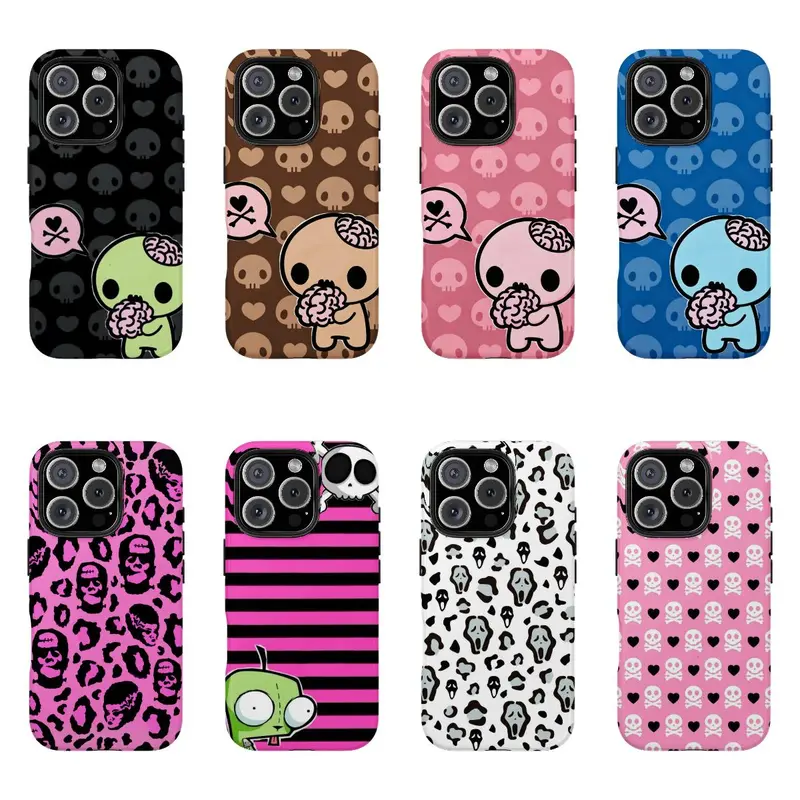 Y2k Kawaii Emo Zombie Cute Phone Case - Pink Black Polka Dot Skull Motifs Protective Cover, Smartphone Protector for iPhone 11-17 Pro Max, Samsung S22-S26, Phone Accessories Gift Idea