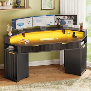 SEDETA Computer Desk with 2 Drawers, Small Diamond Office Desk with Storage Cabinet for Small Space, Gaming Desk with LED Lights & Power Strip for Home Office