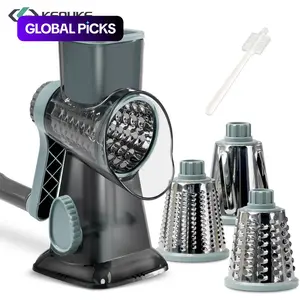 Keouke Rotary Cheese Grater, 1-Count Manual Vegetable Chopper with 3 Replaceable Stainless Steel Cutting Blades, Vegetable Shredder and Slicer, Multifunctional Kitchen Utensil, Vegetable Slicer Dicer, Summer Gift #GLOBAL PICKS