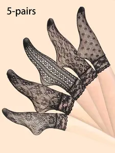 Women's Hollow Out Contrast Lace Crew Socks, Fashion Breathable Patterned Socks, Ladies Sheer Socks for Summer, Black