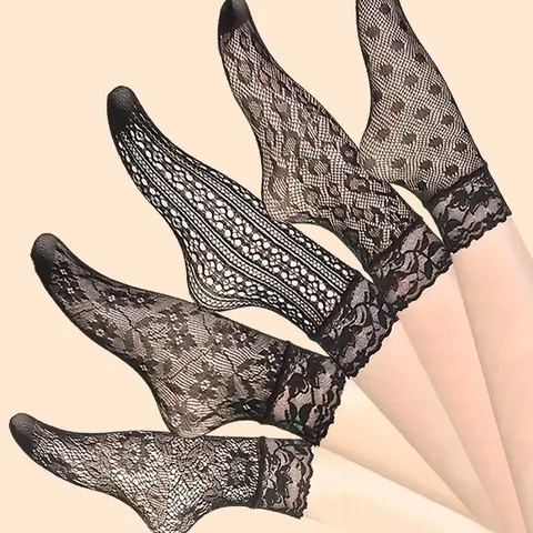 Women's Hollow Out Contrast Lace Crew Socks, Fashion Breathable Patterned Socks, Ladies Sheer Socks with Designs for Summer, Black