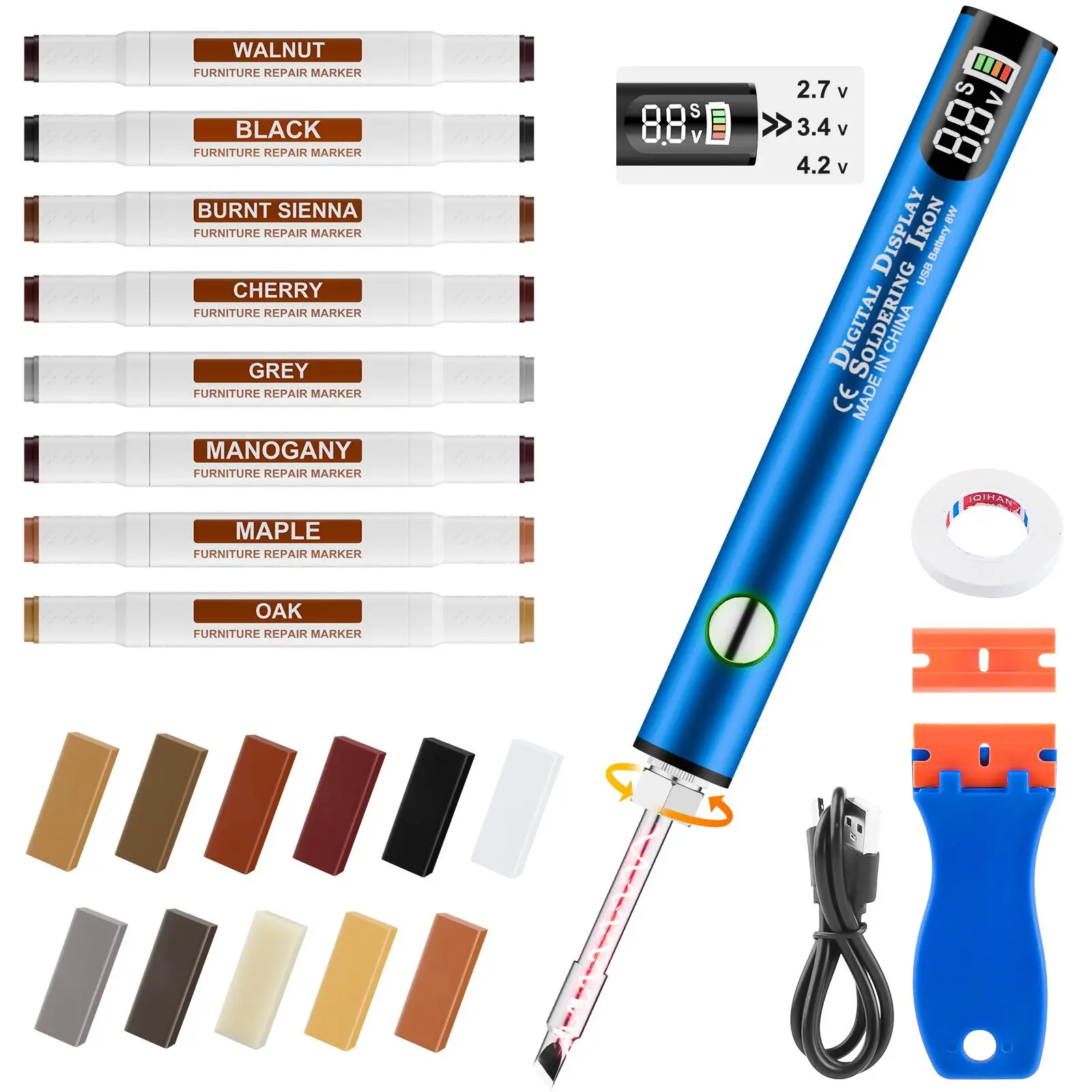 Laminate Wood Floor Repair Kit, Wax Melting Tool with Display, Hard Wax Filler, Marker Pen, for Floor, Furniture, Countertop & Tile Repair, Scratches, Smart Display