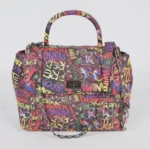 Off the Wall Multi Graffiti Clutch - Bold Polyurethane Tote with Secure Flap Closure & Spacious Interior - Roomy for Daily Essentials