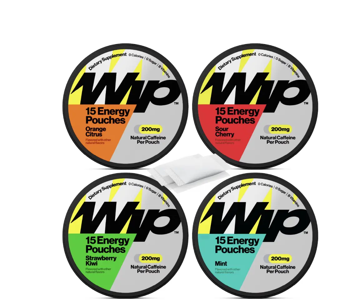 Wip Energy Pouches | 200mg Natural Caffeine | Vitamins and Minerals | 4 Pack Assorted: Sour Cherry, Mint, Orange Citrus, Strawberry Kiwi