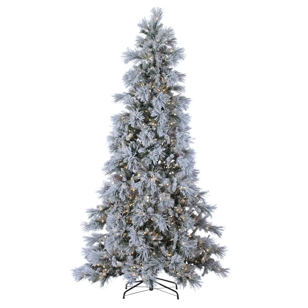 9 ft Pre-Lit Lightly Flocked Snowbell Pine Christmas Tree, 900 Twinkling Lights, Festive Home Decor Ornaments, Green, Pre-Lit Tree, Metal