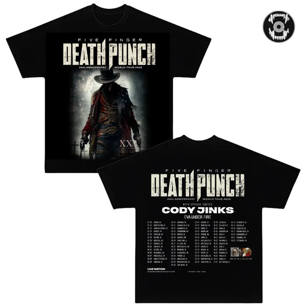 Five Finger Death Punch 20th Anniversary World Tour 2026 T-Shirt, FFDP Double-Sided Tour Dates Graphic Tee, Heavy Metal Concert Shirt, Vintage Rock Band Merch, Heavyweight Cotton Oversized Streetwear, Unisex Music Fan Apparel, 2026 Tour Gift
