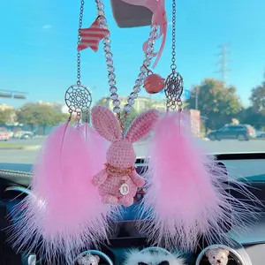 Cute Crochet Rabbit Car Rearview Mirror Hanging Ornament, Car Interior Decoration, Creative Car Interior Accessories for Women & Girls