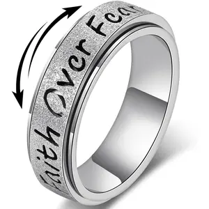 Fidget Spinner Ring for Women - Faith Over Fear Stainless Steel Anxiety Relief Rings for Adults, Christian Inspirational Hope Thumb Ring for Stress & Focus, Jewelry Gift for Women Men