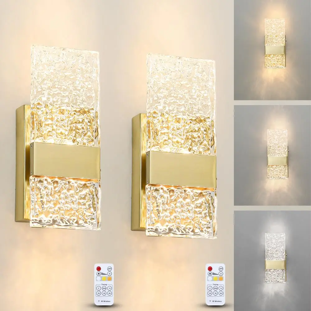 Modern Brushed Gold 2-Piece Brass LED Wall Sconces, Battery-Operated Rechargeable, Acrylic Shade Art Deco Indoor Light Fixtures for Bedroom, Living Room