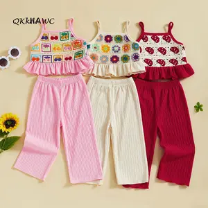 Toddler Girl Boho Crochet 2-Piece Outfit, Colorful Granny Square Cami Top & Gauze Pants, Cute Hippie Summer Set(6M-4Y)