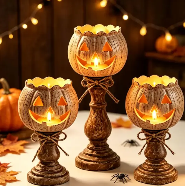 White Pedestal Pumpkin Candle Holders - Antique Farmhouse Garden Decor, Halloween Home Table Centerpiece, Outdoor Lawn Ornament