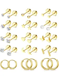 15Pairs Small Tiny Stud Earrings for Women Men Hypoallergenic Flat Back Earrings 14K Gold Plated Surgical Stainless Steel Earrings Sets Screw Back Cartilage Earrings Stud Earrings Jewelry
