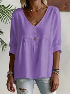 Summer Fashion Elegant Aesthetic Solid Color Lace Patch V Neck Three-Quarter Sleeve Loose Lightweight Breathable Women's Pullover Blouses Shirt Top