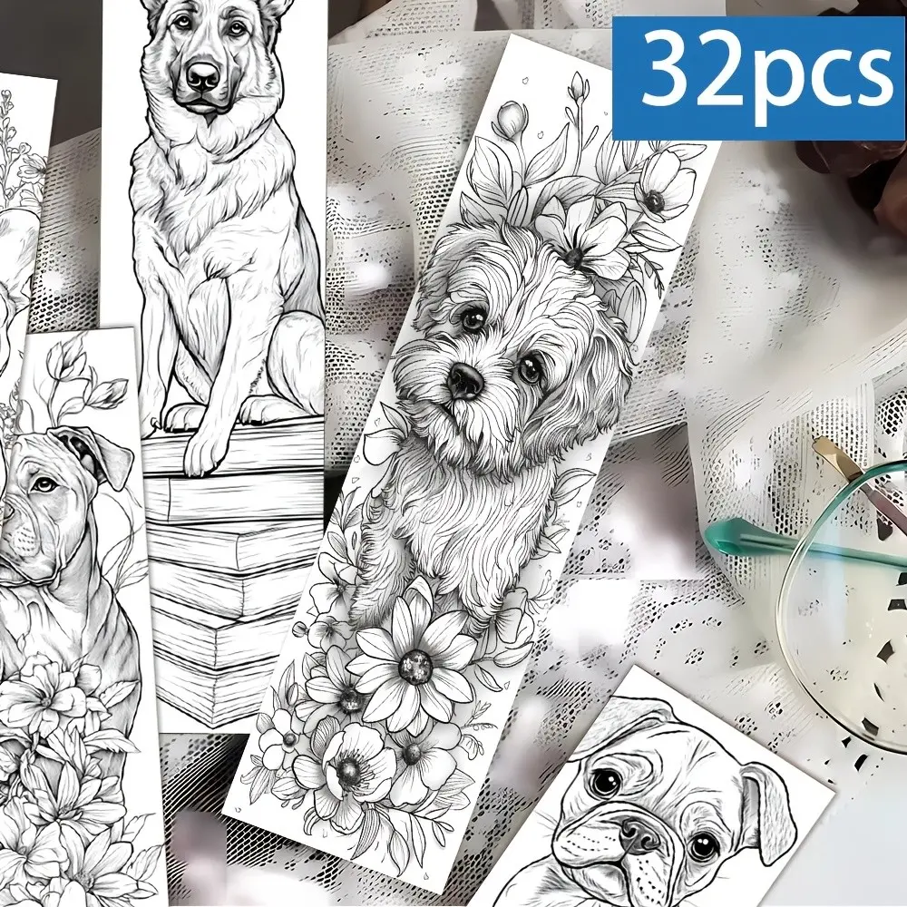 32pcs Dog-Themed Flower Coloring Bookmarks, Ideal for Valentine's Day Gifts, Page Dividers, Planner Labels, Essential for Book Lovers, Decorative Art