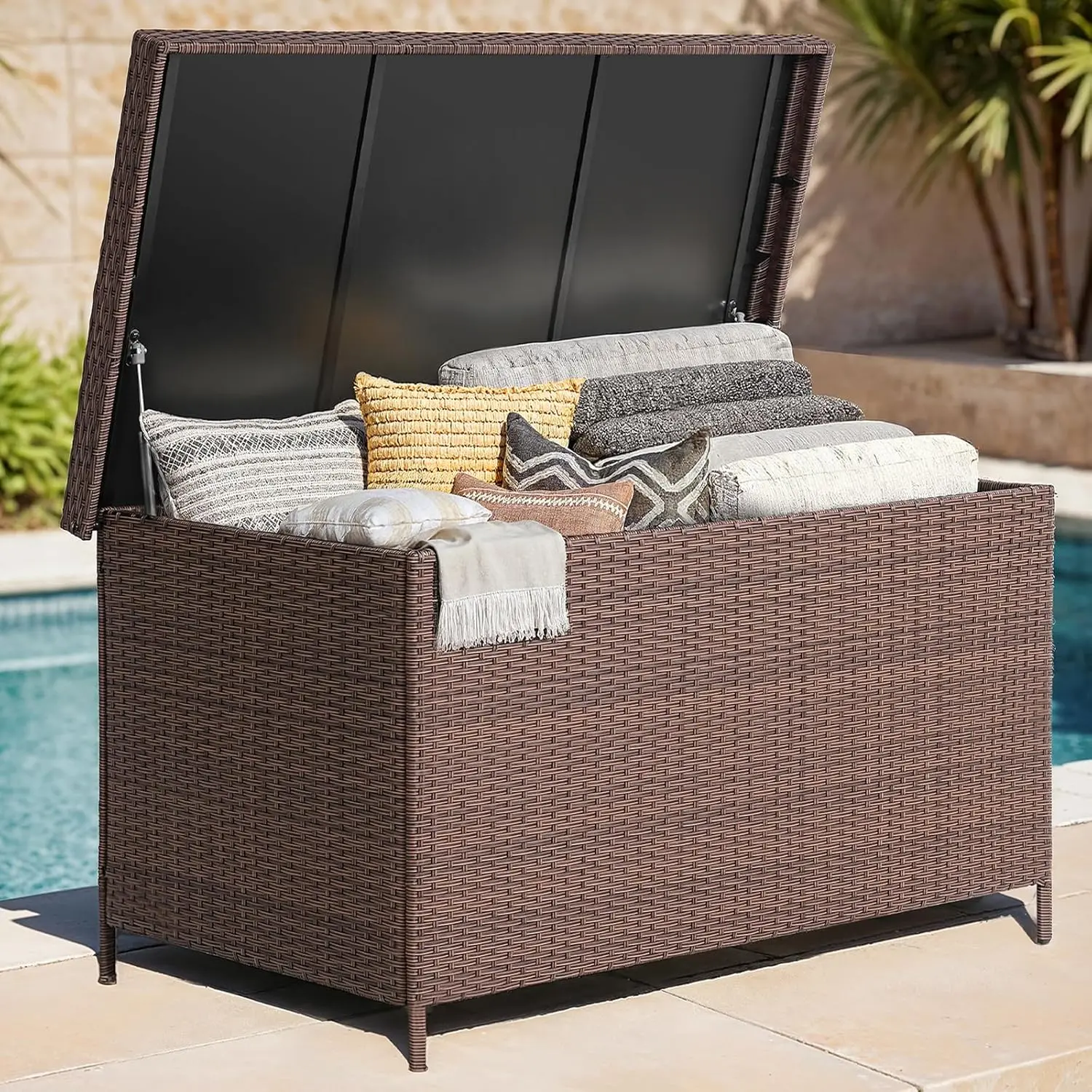 ONBRILL 158 Gal XL All-Weather Wicker Deck Box with Lid, Waterproof Outdoor Patio Storage Bin for Cushions, Garden Tools