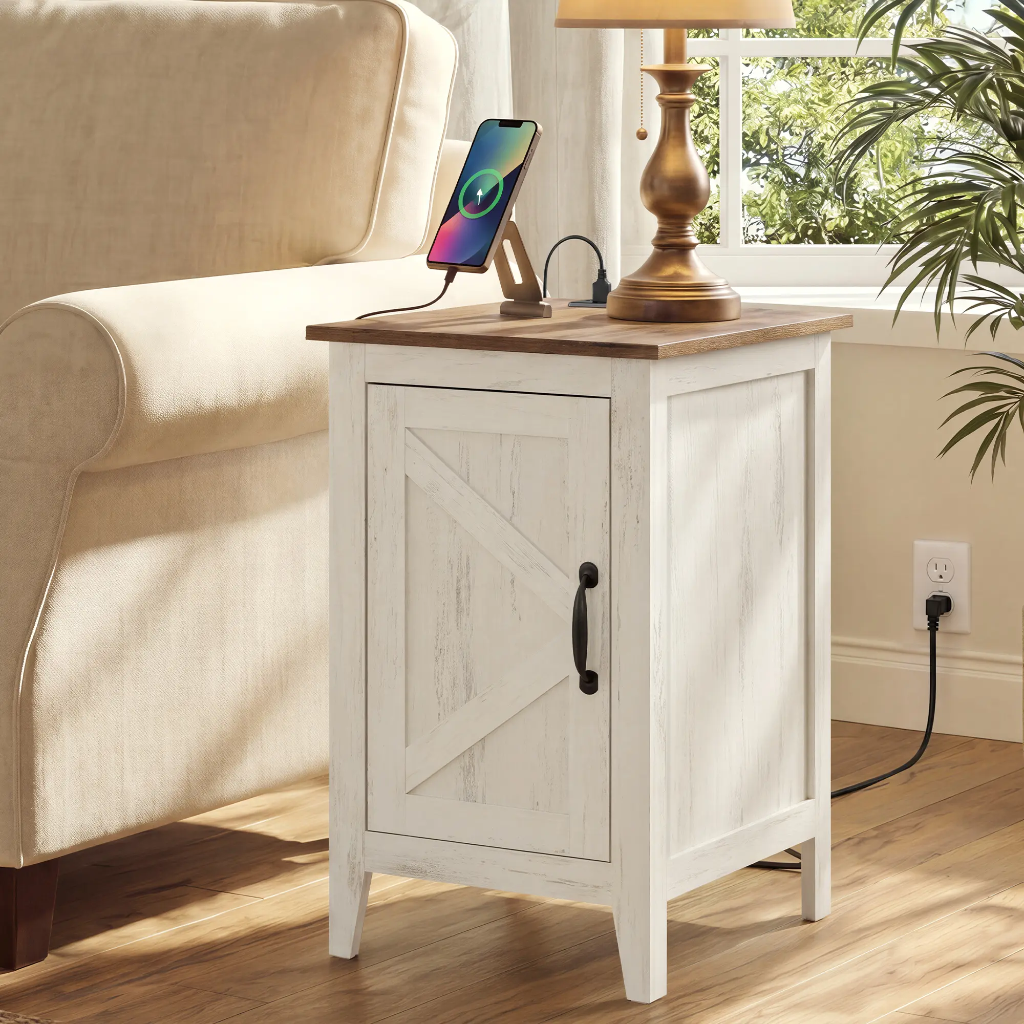 VASAGLE - End Table with Charging Station, Narrow Side Table with Storage Cabinet, Nightstand for Bedroom, Home Office