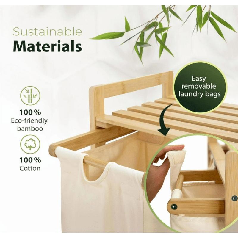 Bamboo Shelf With Laundry Hamper, Single-layer With 3 Section, Laundry Sorter with Removable Cotton Bags -Three Compartment Organizer for Clothes - Durable, Eco-Friendly, and Stylish Storage,Home Storage Solution.