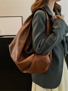 Women's Solid Color Large Capacity Tote Bag, Fashionable PU Leather Shoulder Bag for Work & School, Casual Trendy Versatile High-quality Daily Commuting Bag