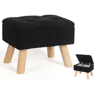 Footstool with storage function, small footstool with storage space, suede teddy velvet footrest, with cushioned seat, sturdy wooden legs, suitable for living room, bedroom, sofa, entryway (black)