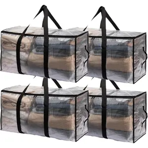 4-Packs Large Moving Bags, Waterproof with Handles & Zippers Bags for Clothes Packing, Dorms, College Supplies, Saving, Clear