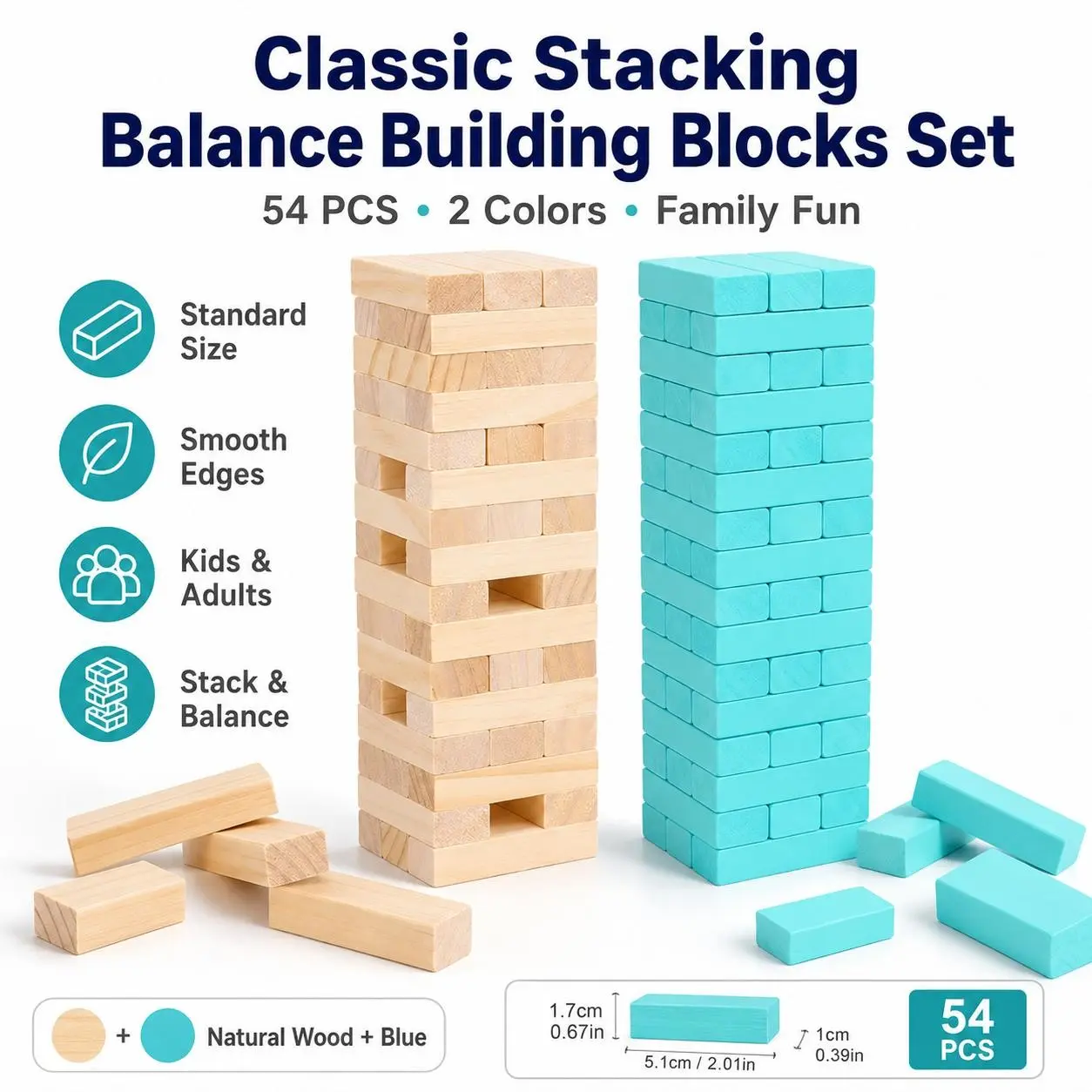 Classic Stacking Balance Building Blocks Set,Tumble Tower Game for Kids and Adults, Family Fun Game, 54pcs Wooden Board Stacking Game for Family Games Night, Classical Wood Blocks Game, Standard Size,Party supplies set