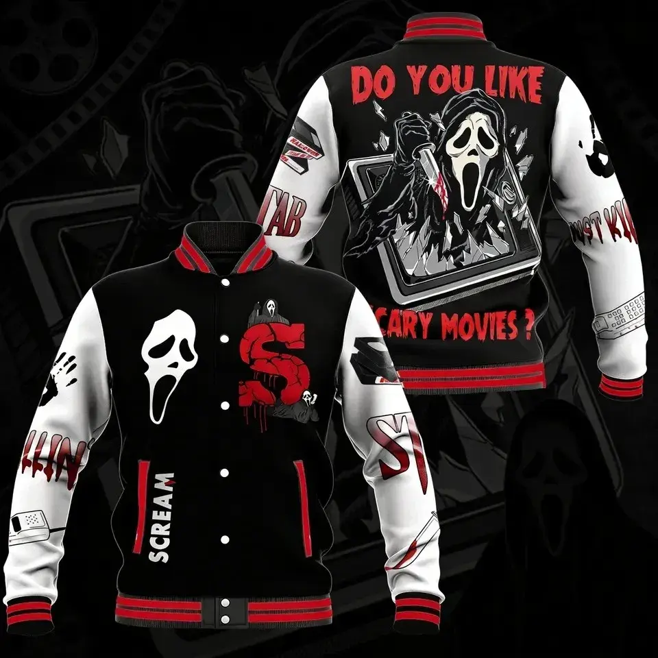 Ghostface Horror Baseball Jacket Scream Movie Varsity Coat, Varsity Baseball Jacket, Football Inspired Style, Unisex Streetwear Coat