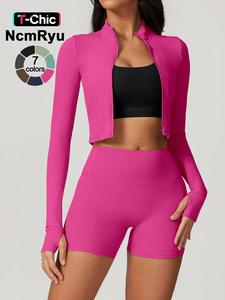 2/6 pieces women's solid tracksuit set without inner top, sporty zip up crop jacket & high waist skinny shorts set, ladies sportswear for indoor outdoor workout wear, women workout clothes, breathable activewear