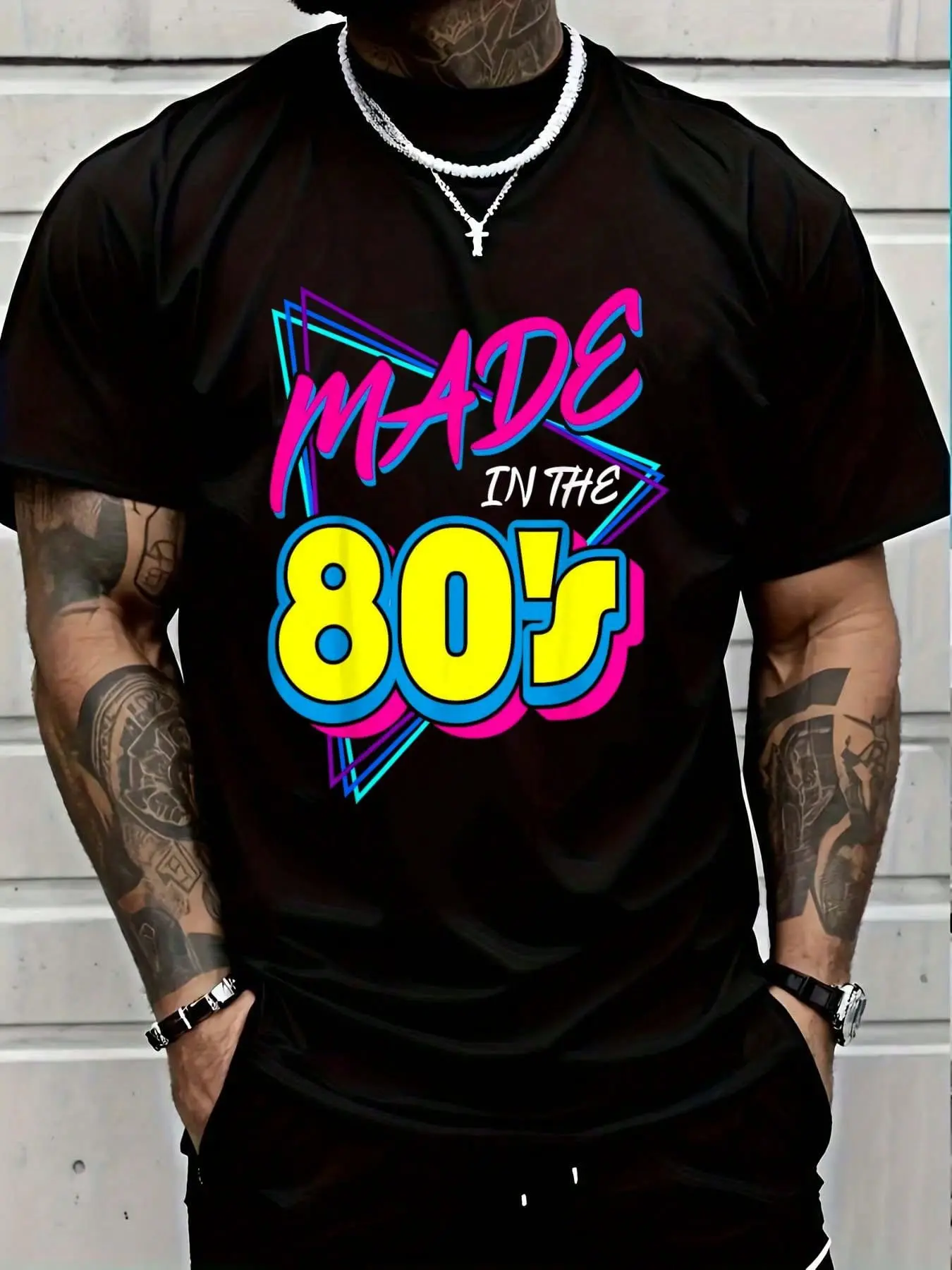 Men’s oversized cotton T-shirt, retro ’80s neon graphic short-sleeve tee, vintage Y2K loose-fit casual top, back-to-school season fashion, plus-size streetwear crew neck shirt