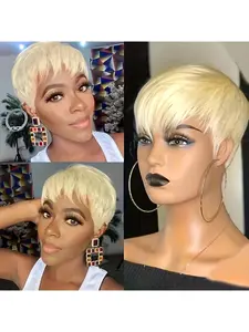 613 Blonde Pixie Cut Wig - Real Human Hair Glueless Short Bob with Bangs, Density Straight Layered Unisex Wig for Women & Men, Natural Look & Easy Application, Machine-Made Rose Net for All Light Beige Tones, Machine Made Wigs