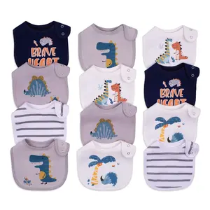 12 Pack Baby Drool Bibs Soft Skin Friendly Cotton Feeding Bibs for Boys Girls Adjustable Snap Closure Waterproof Breathable Teething Feeding Spit Up Protection Easy to Clean Cartoon Dinosaur Animal Prints