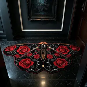 Gothic Dark Rose Butterfly Rug, Irregular Shape Living Room Bedroom Carpet, Vintage Elegant Artistic Soft Washable Stain-Resistant