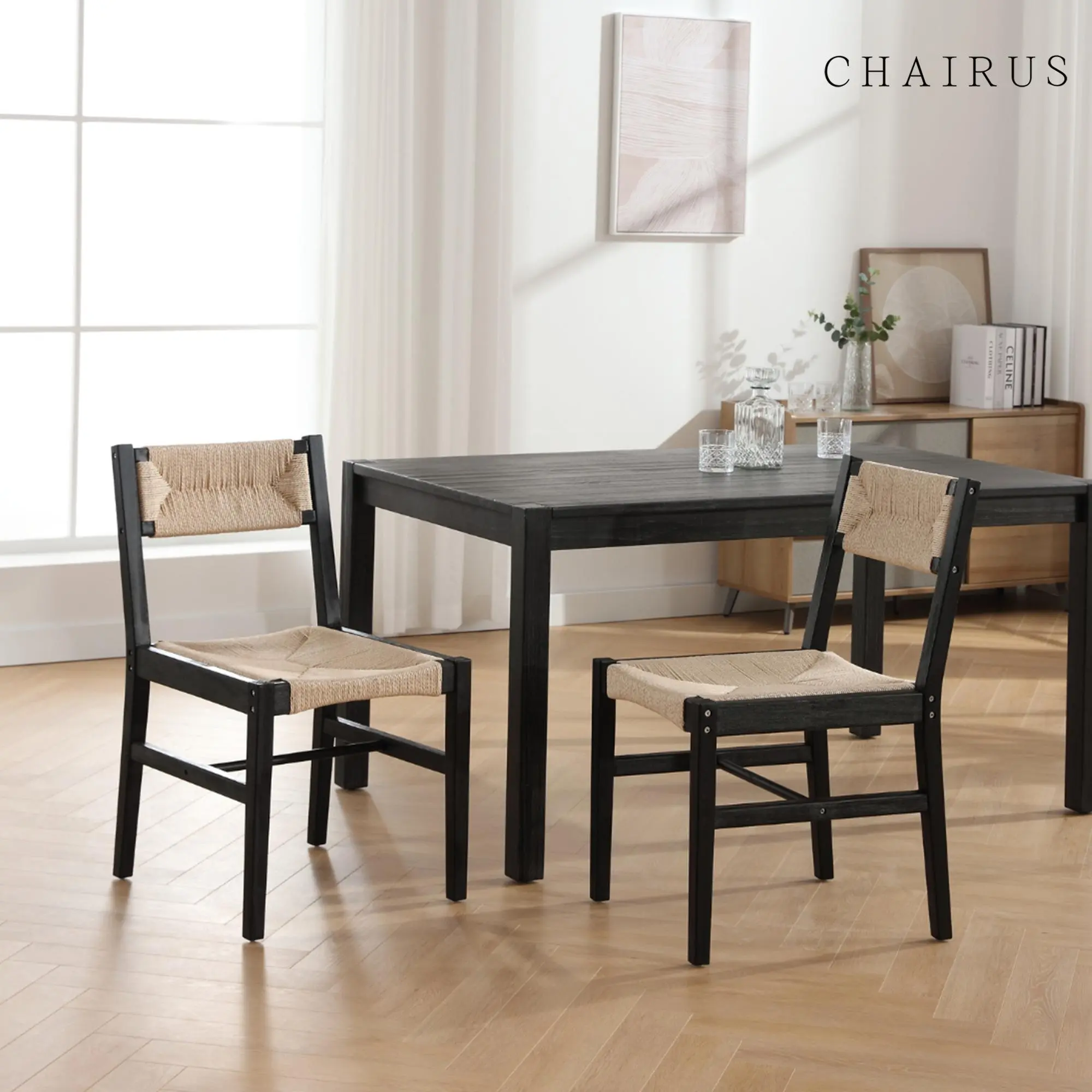 CHAIRUS  Mid Century Modern Rattan Dining Chairs Set of 2, Farmhouse Boho Cane Chair, Black Beechwood Woven Dining Room Chairs, Armless Kitchen Chairs with Natural Weave Seagrass Backrest and Seat