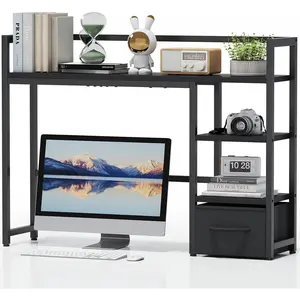 Desk Shelf with Drawer, 40" Desk Hutch for Computer Monitor, Desk Shelf for top of Desk, Wooden Desktop Bookshelf Storage Rack for Home Office Dorm - Black