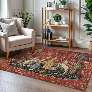 Soft, non-slip rubber backing, red background densely filled with flowers, medieval courtly style tapestry pattern, living room rug, easy to clean, suitable for hallway, living room 15-25 sqm, kitchen, bedroom 1.5m-1.8m single/double bed